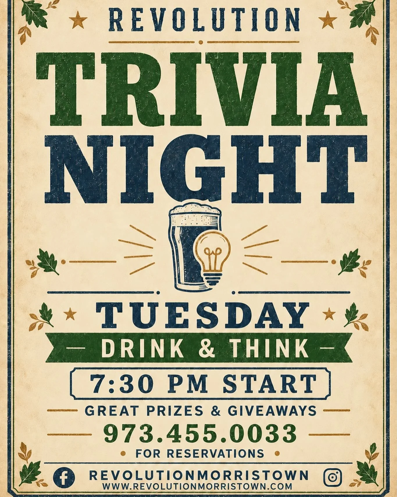 It&rsquo;s TRIVIA ❓🤔 Night! Great Food, Drinks &amp; Fun! 

#revolution #revolutionmorristown #trivia