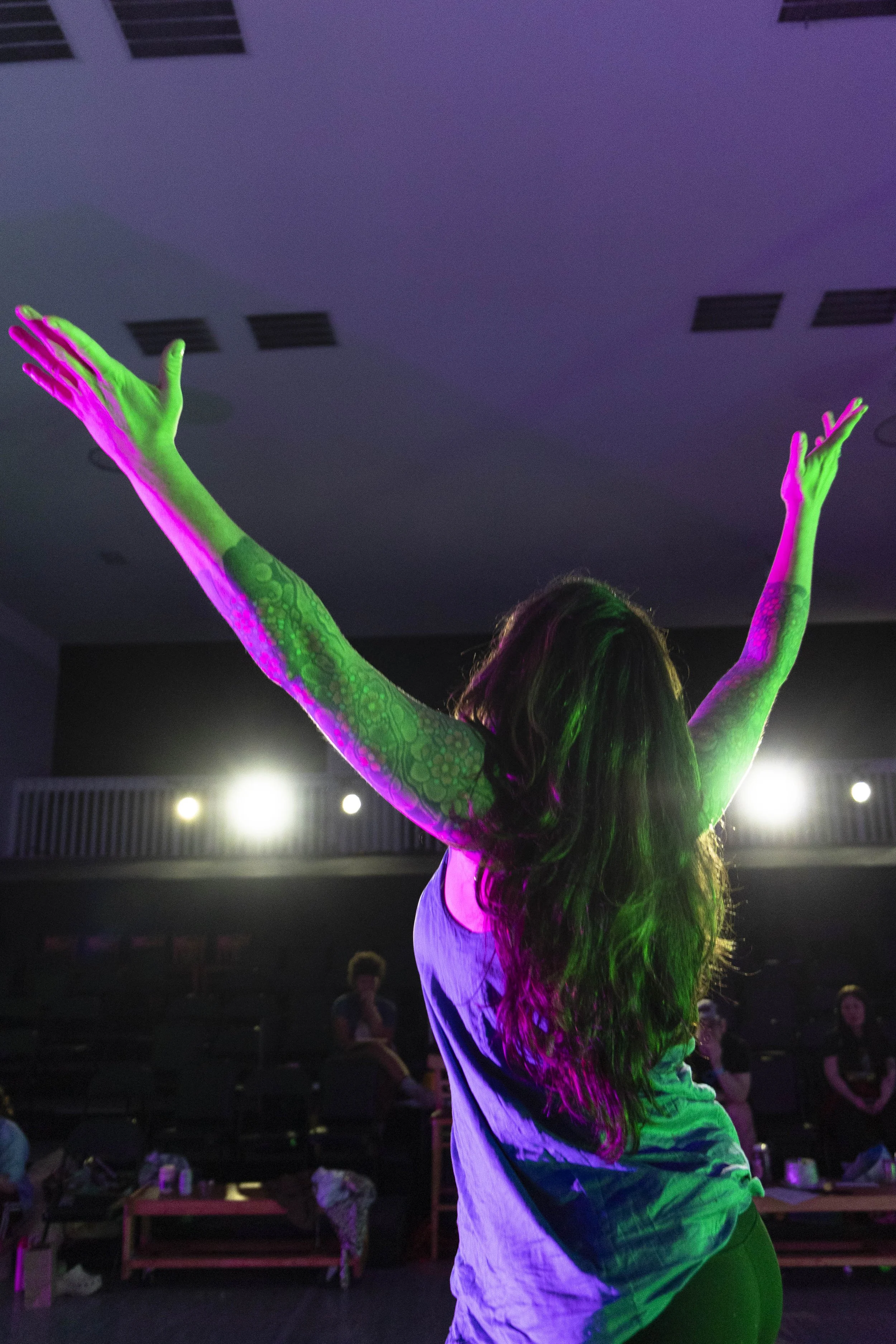 A woman with long dark hair and tattoos is seen from behind, POV is that she is onstage. You can see lights and the audience beyond her.