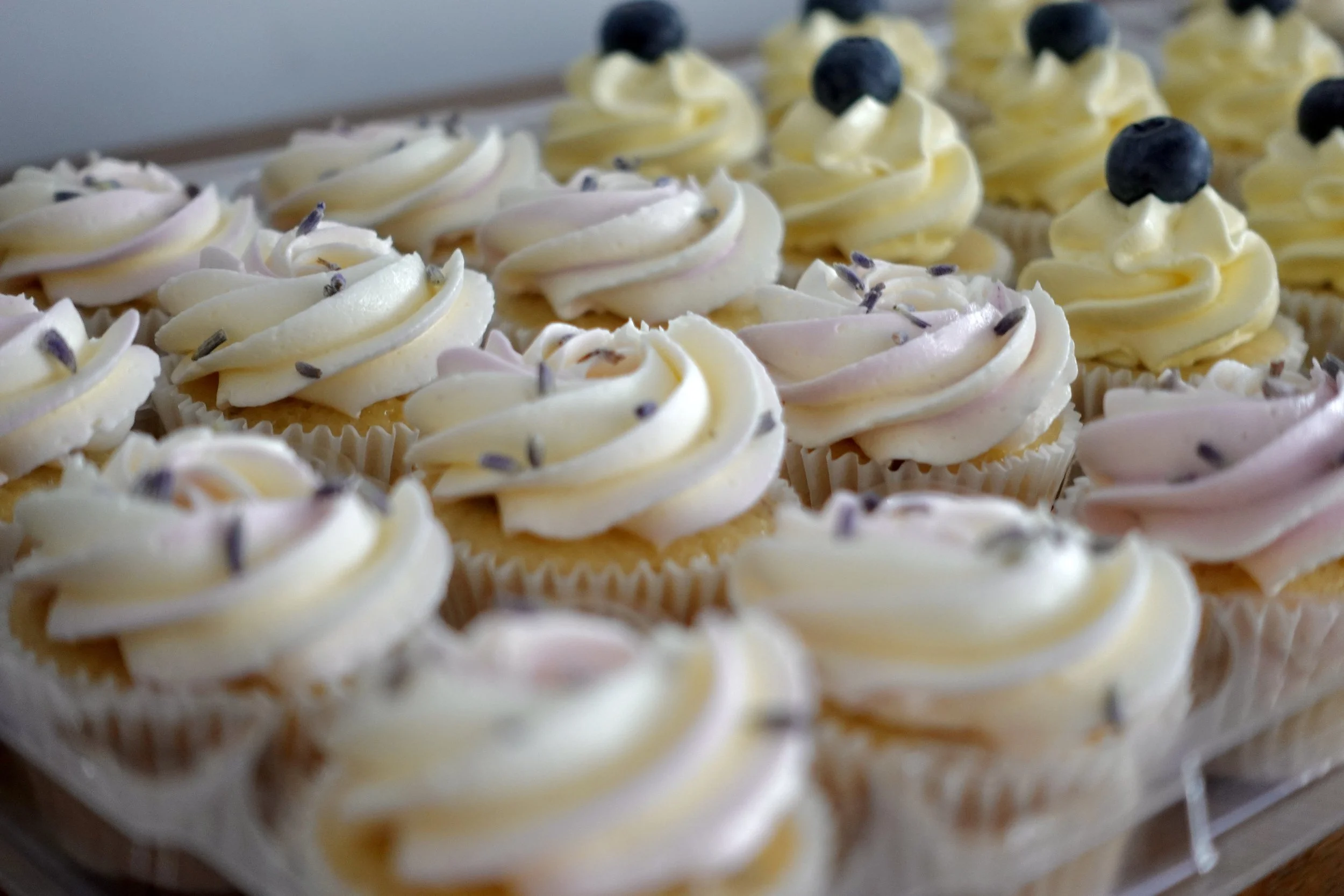 Assorted cupcakes with white and light pink frosting, decorated with lavender sprinkles and blueberries.
