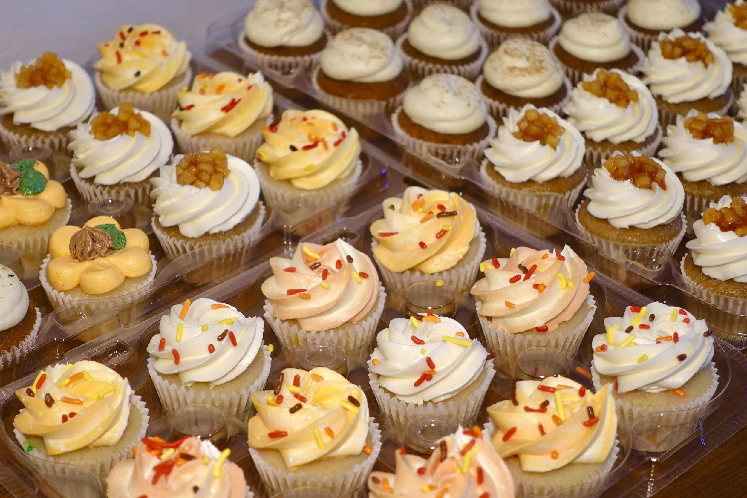 Assorted cupcakes with different frosting and toppings displayed on a clear plastic tray.