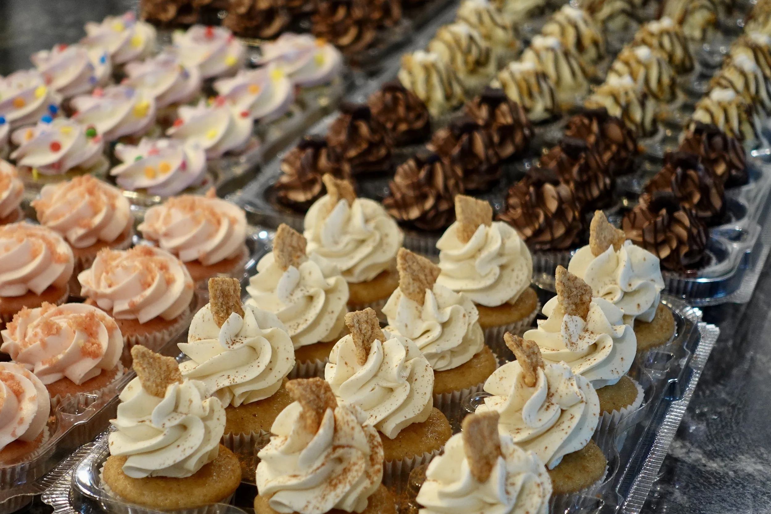 Display of various decorated cupcakes with swirled frosting, sprinkles, cookie pieces, and chocolate toppings arranged in rows.