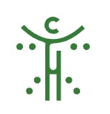 Green abstract symbol of a human bidy with a curved line, dots, and vertical lines.