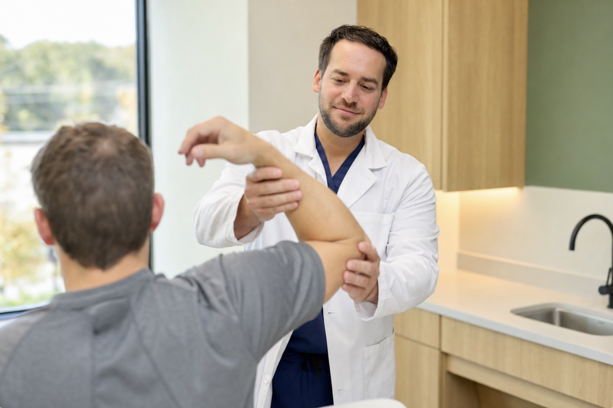 Dr. Joshua Eskew doctor examining an older man's arm in a clinic or medical office.
