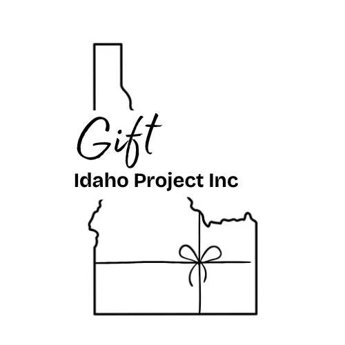 Outline map of Idaho with a gift box and ribbon inside, and the words "Gift" and "Idaho Project Inc".