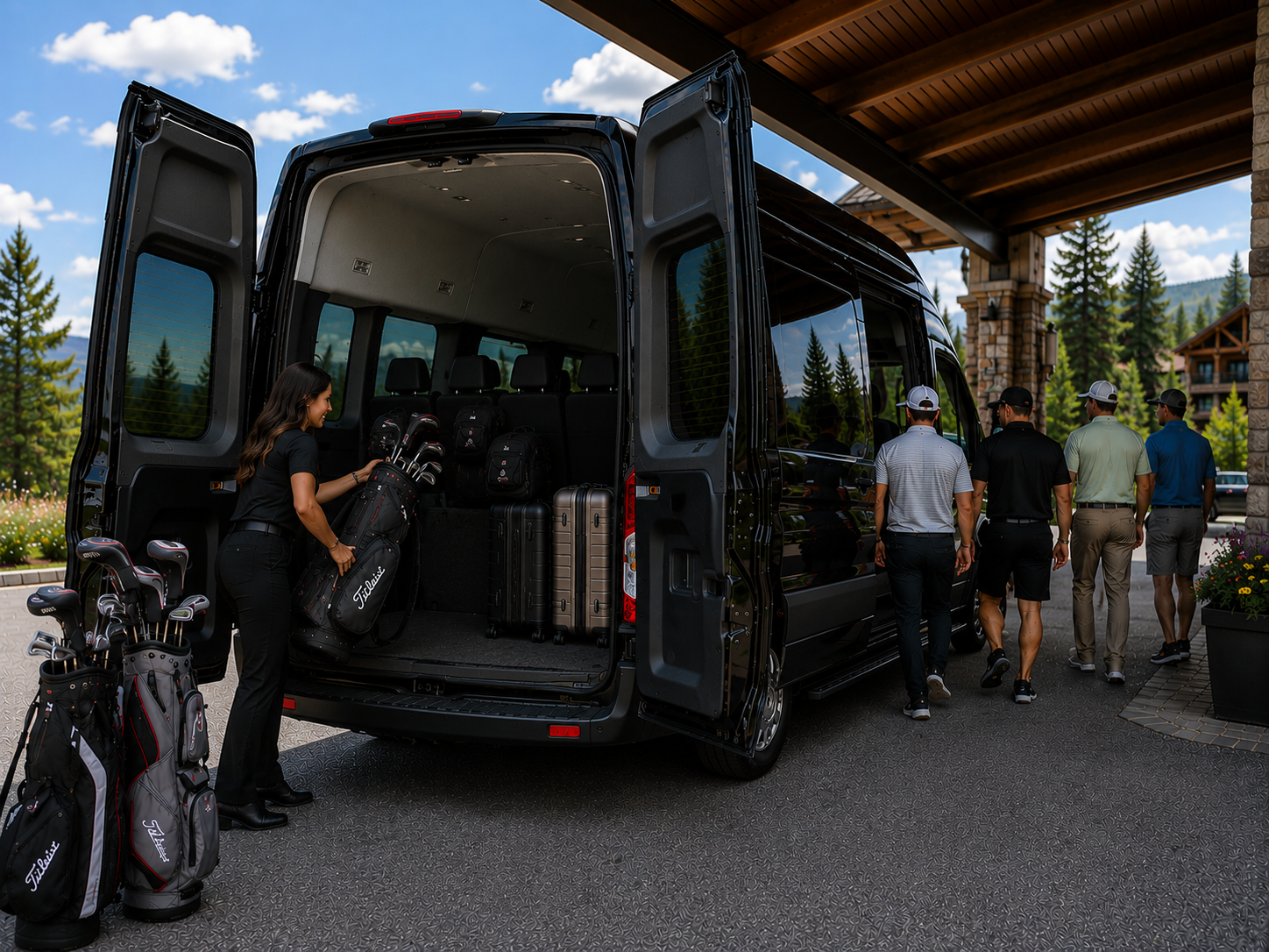 A group of men walking away from a black van at a resort, with a woman packing golf clubs and bags into the van's open trunk. The setting is outdoors with trees, mountains, and a wooden building.