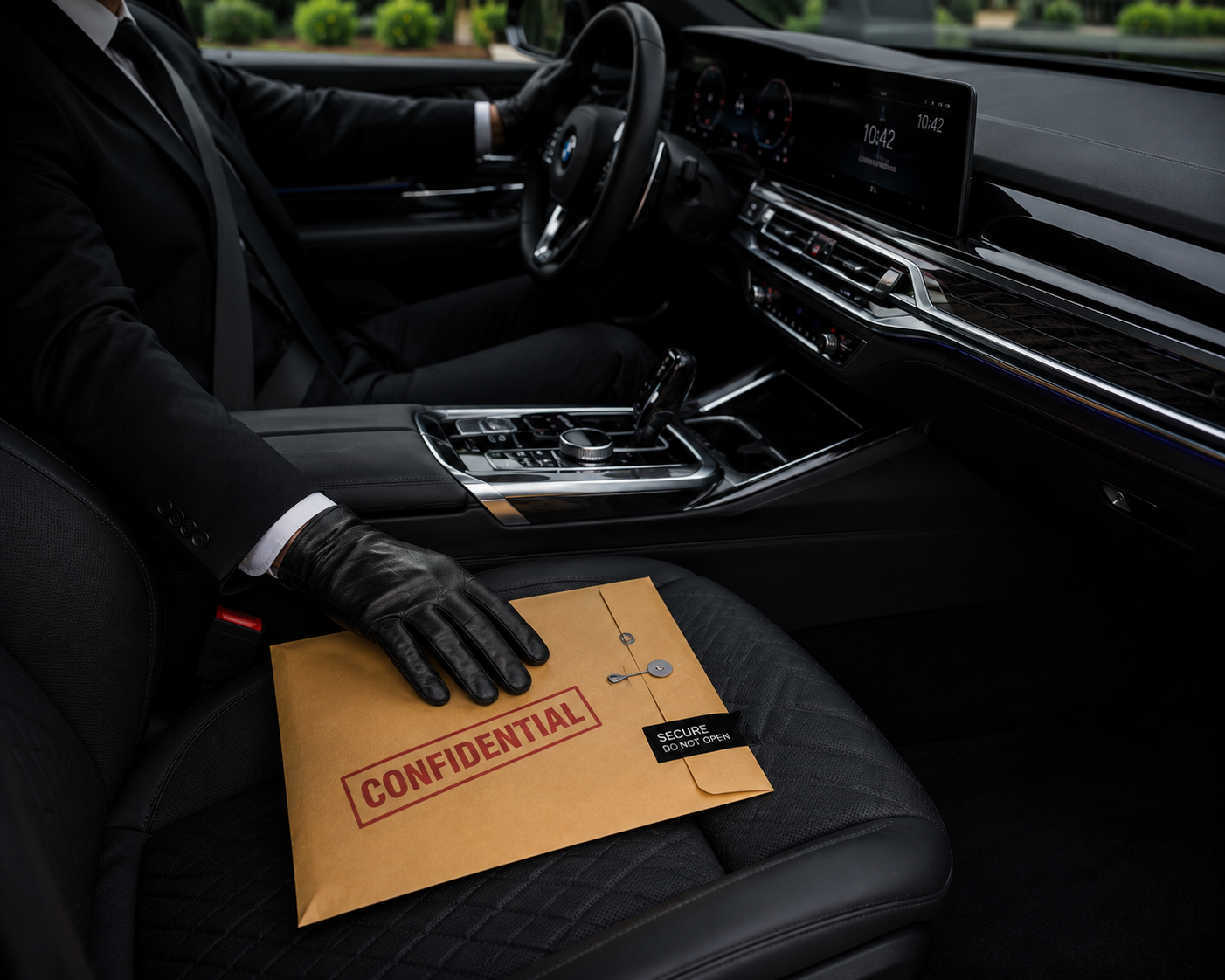 Inside the front seat of a luxury car, a person in a black suit with black leather gloves is holding a confidential document. The car has a modern dashboard with a digital display.