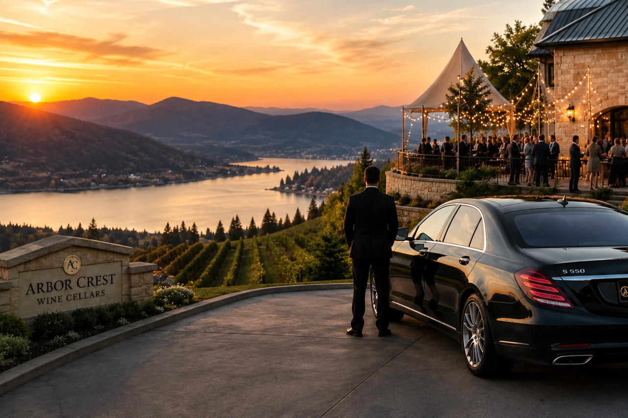 A man in a suit standing beside a black Mercedes-Benz Sedan  at sunset, overlooking a river and mountains. In the background, guests are celebrating on an outdoor terrace decorated with string lights at Arbor Crest Wine Cellars.