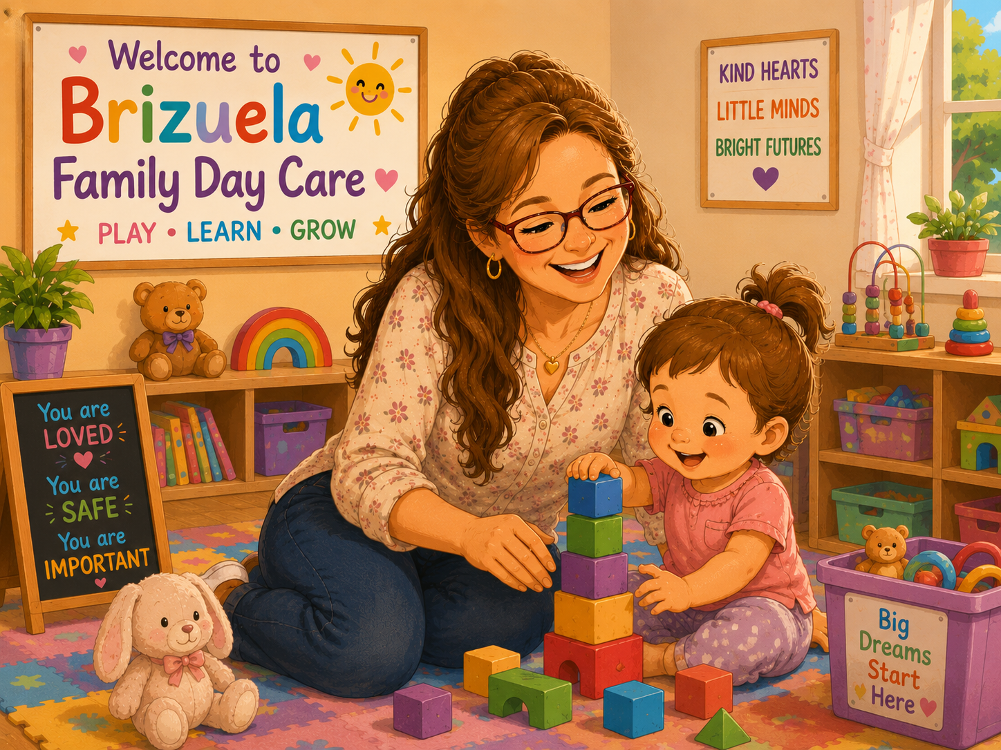 A woman and a young girl playing with colorful building blocks in a decorated playroom. The woman is smiling and wearing glasses, while the girl is focused on stacking blocks. The room has cheerful posters, toys, and books, including a sign that says 'Welcome to Brizuela Family Day Care' and various inspirational messages.