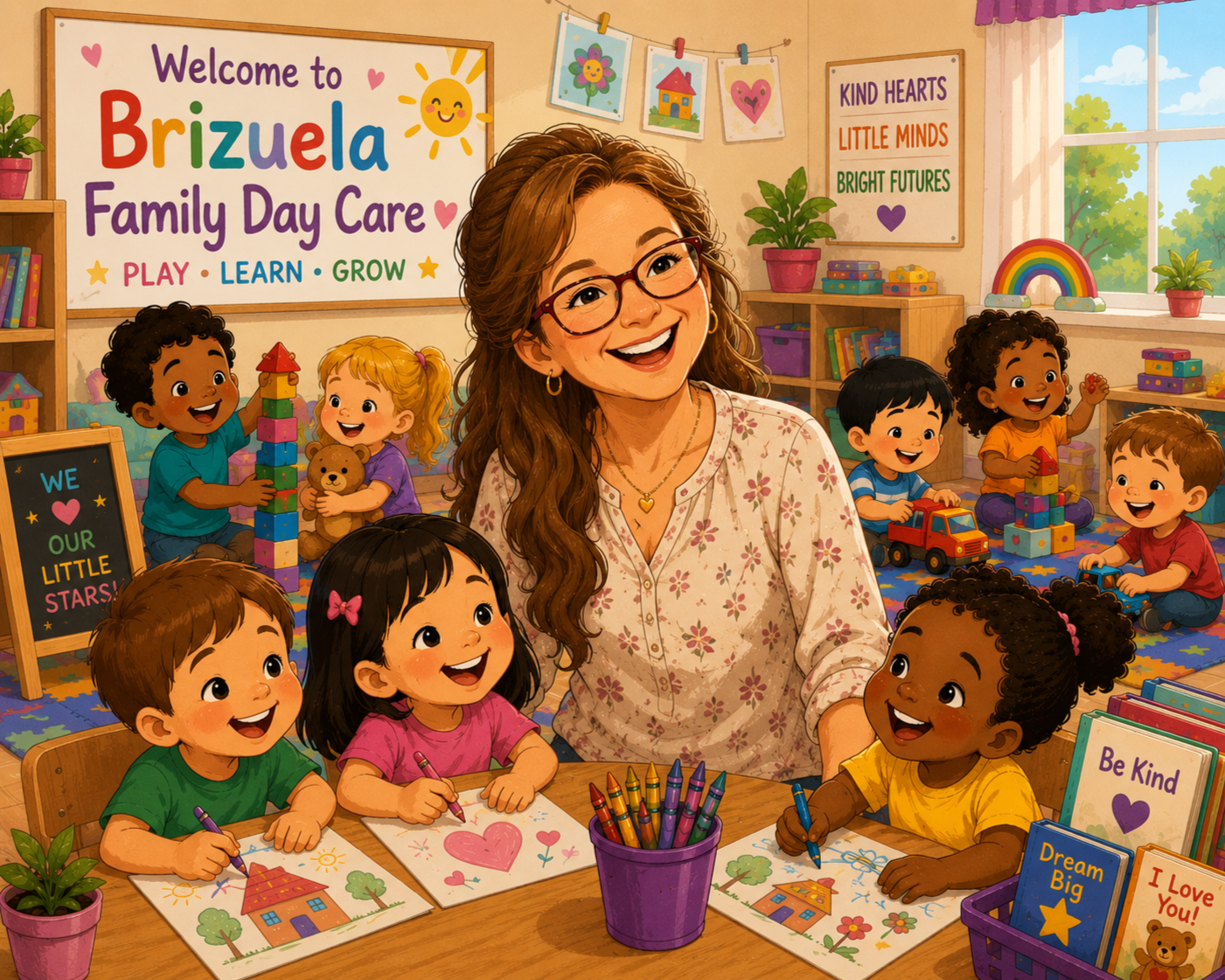 A woman with glasses and long wavy hair smiling in a colorful preschool classroom filled with children engaging in arts and crafts, with drawings of houses, flowers, rainbows, and motivational signs in the background.