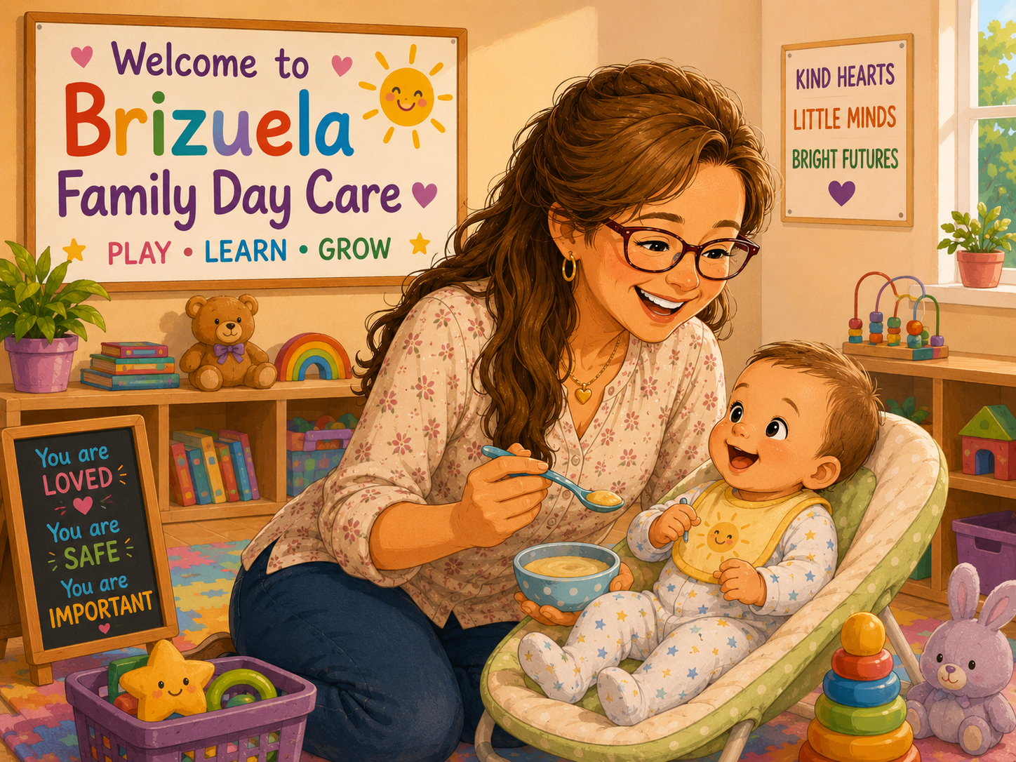 A woman feeding a baby in a daycare room with colorful toys and posters that say 'Welcome to Brizuela Family Day Care,' 'Kind hearts, little minds, bright futures.'