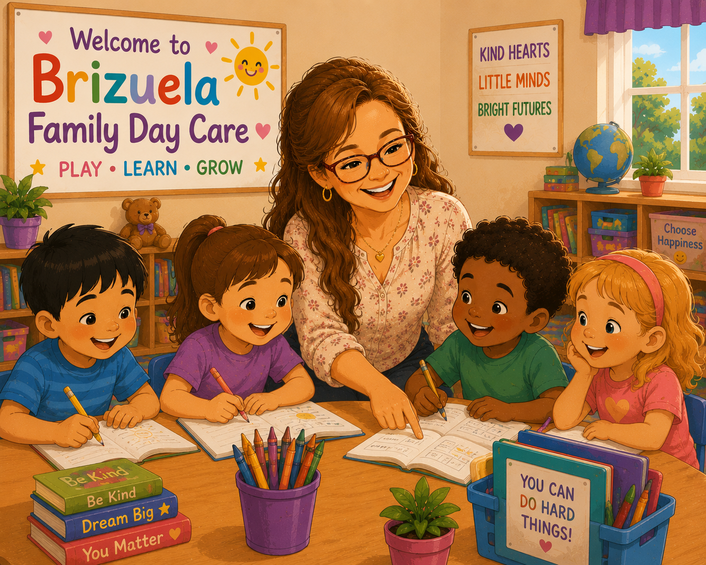 A teacher with glasses and long brown hair happily interacting with four young children at a classroom table. The children are smiling, engaging with notebooks and crayons. The classroom has colorful books, plants, and posters with motivational messages like 'You Can Do Hard Things!', 'Be Kind', and 'Dream Big.' A large sign reads 'Welcome to Brizuela Family Day Care' with phrases such as 'Play, Learn, Grow.'