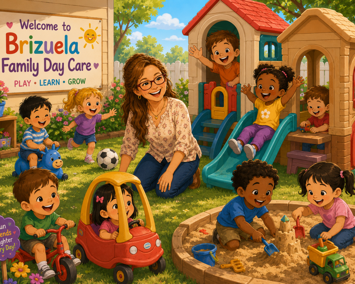 Colorful illustration of children playing in a backyard with a playground and sandbox, with a woman kneeling among them. Some children are riding toys, others are playing with sand, and a few are running and smiling. There are trees, flowers, and a welcome sign that reads 'Brizuela Family Day Care' with 'PLAY, LEARN, GROW' written below. The scene is cheerful and sunny.