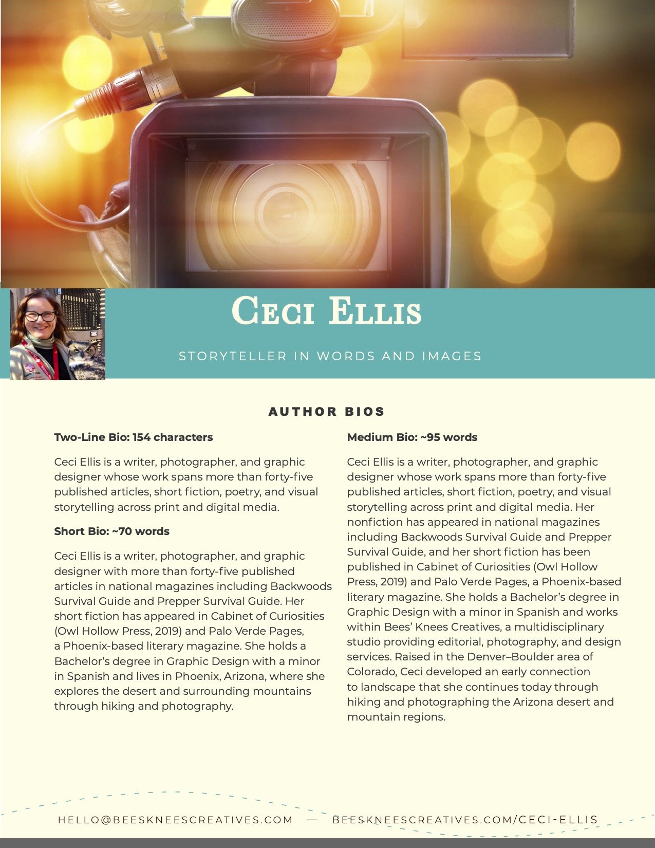 Cover page of a media kit  for writer, photographer, and graphic designer Ceci Ellis. Contains her name, a photo of her smiling with an owl, and text describing her work and background.