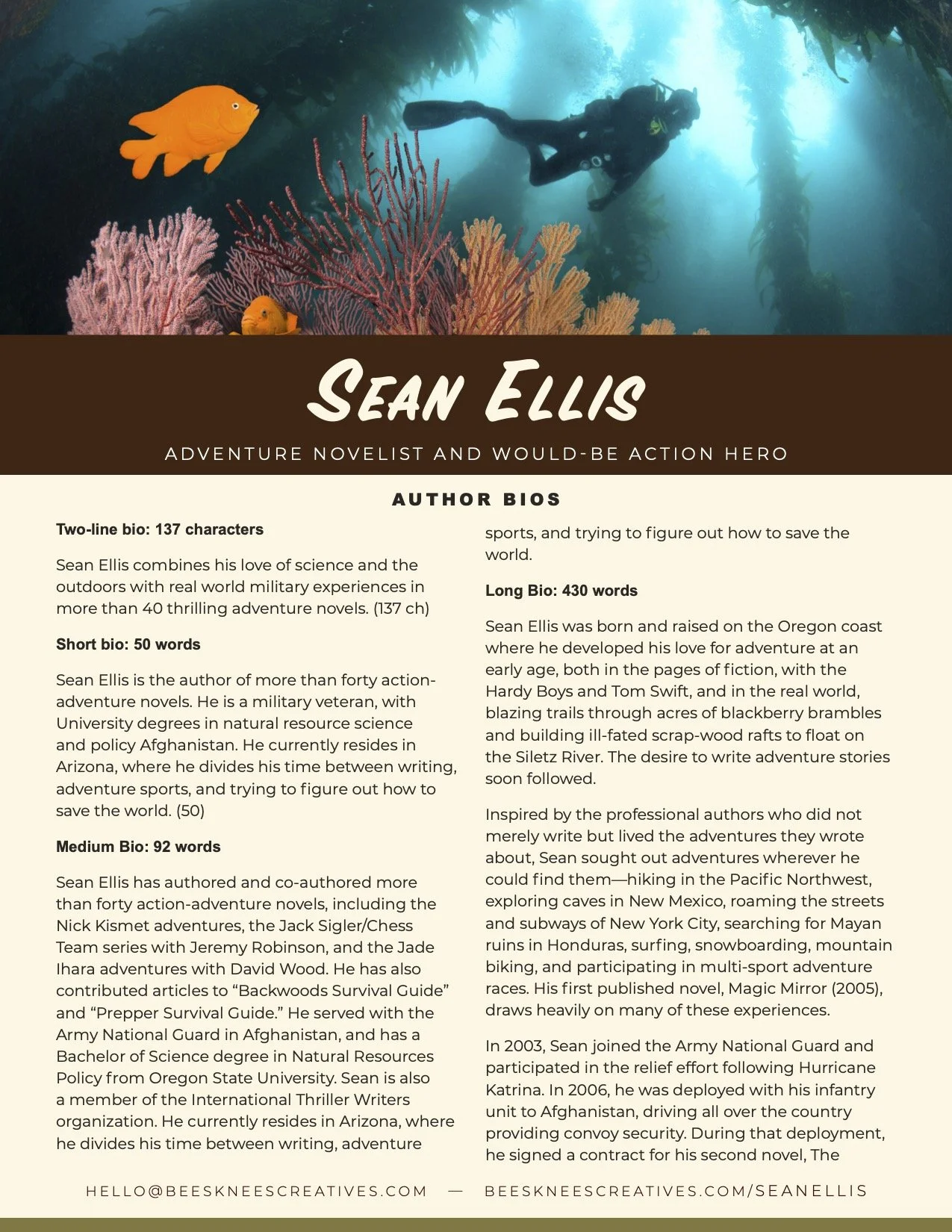 Cover page of a media kit author Sean Ellis. Contains his name, an image of a diver swimming underwater near colorful coral reefs with a yellow fish in the foreground, and a text overlay with author biography information.