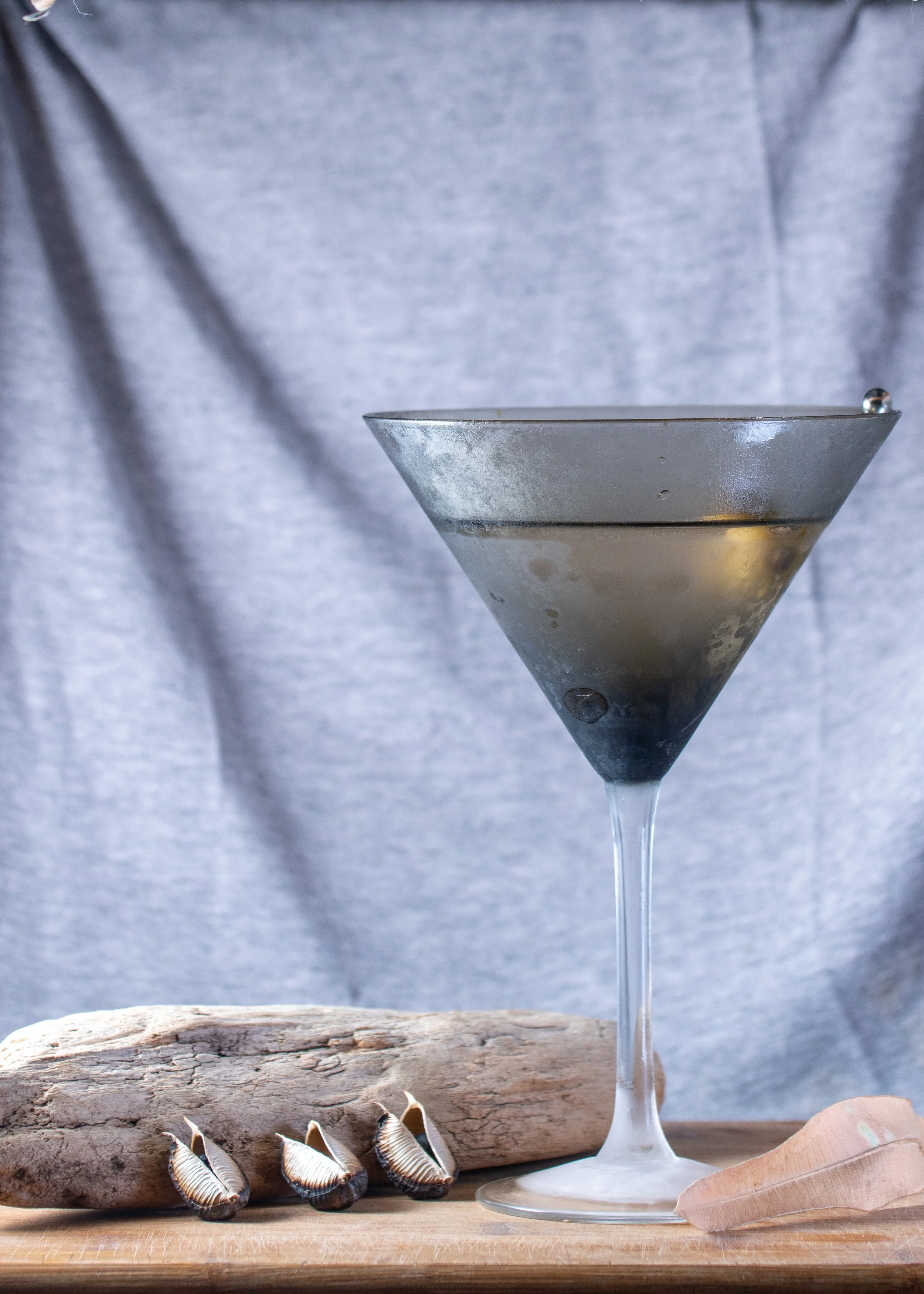 Martini still life with driftwood and shells
