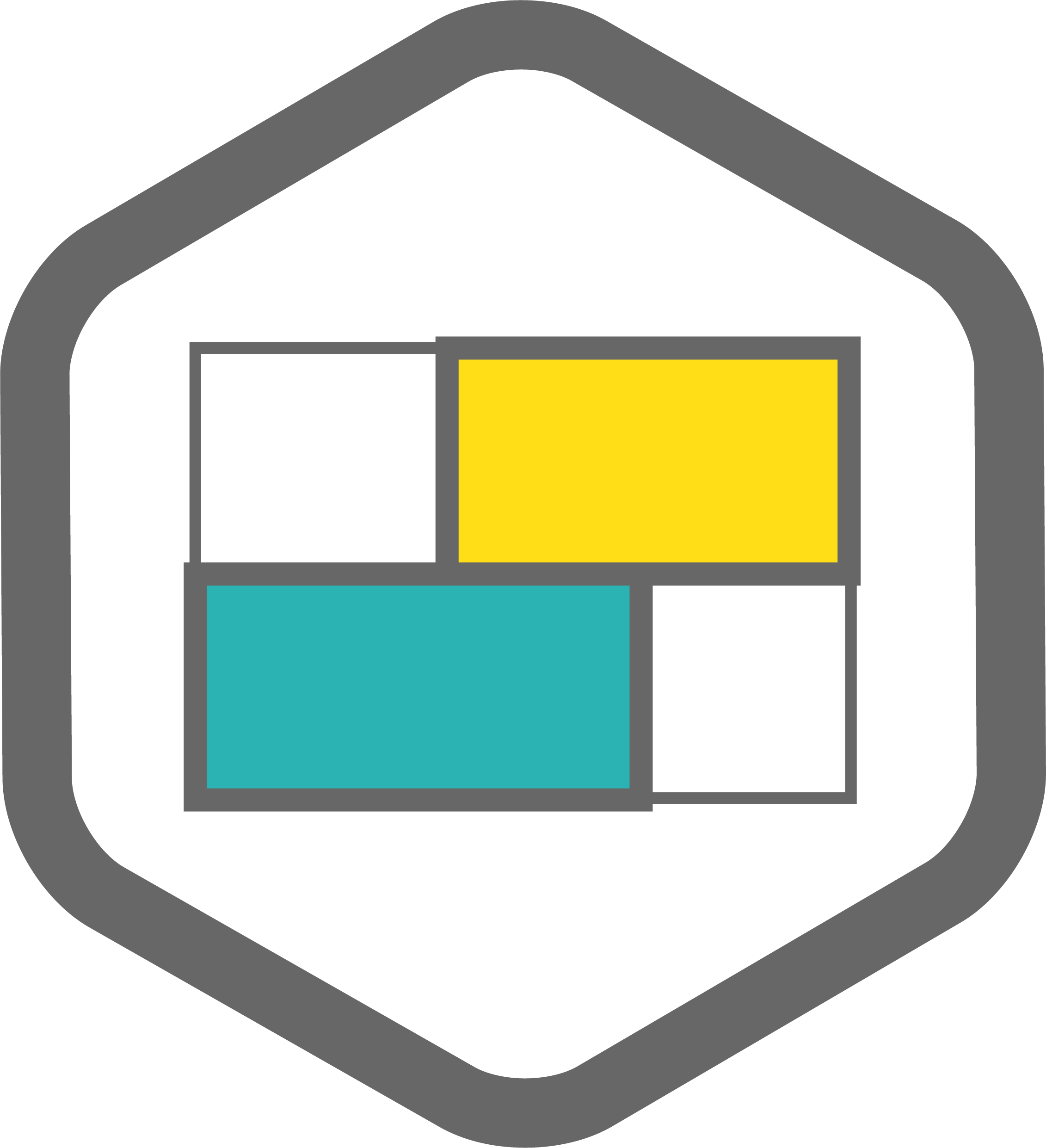 White squares connecting to a yellow rectangle and a teal rectangle, enclosed in a gray hexagon on a white background.