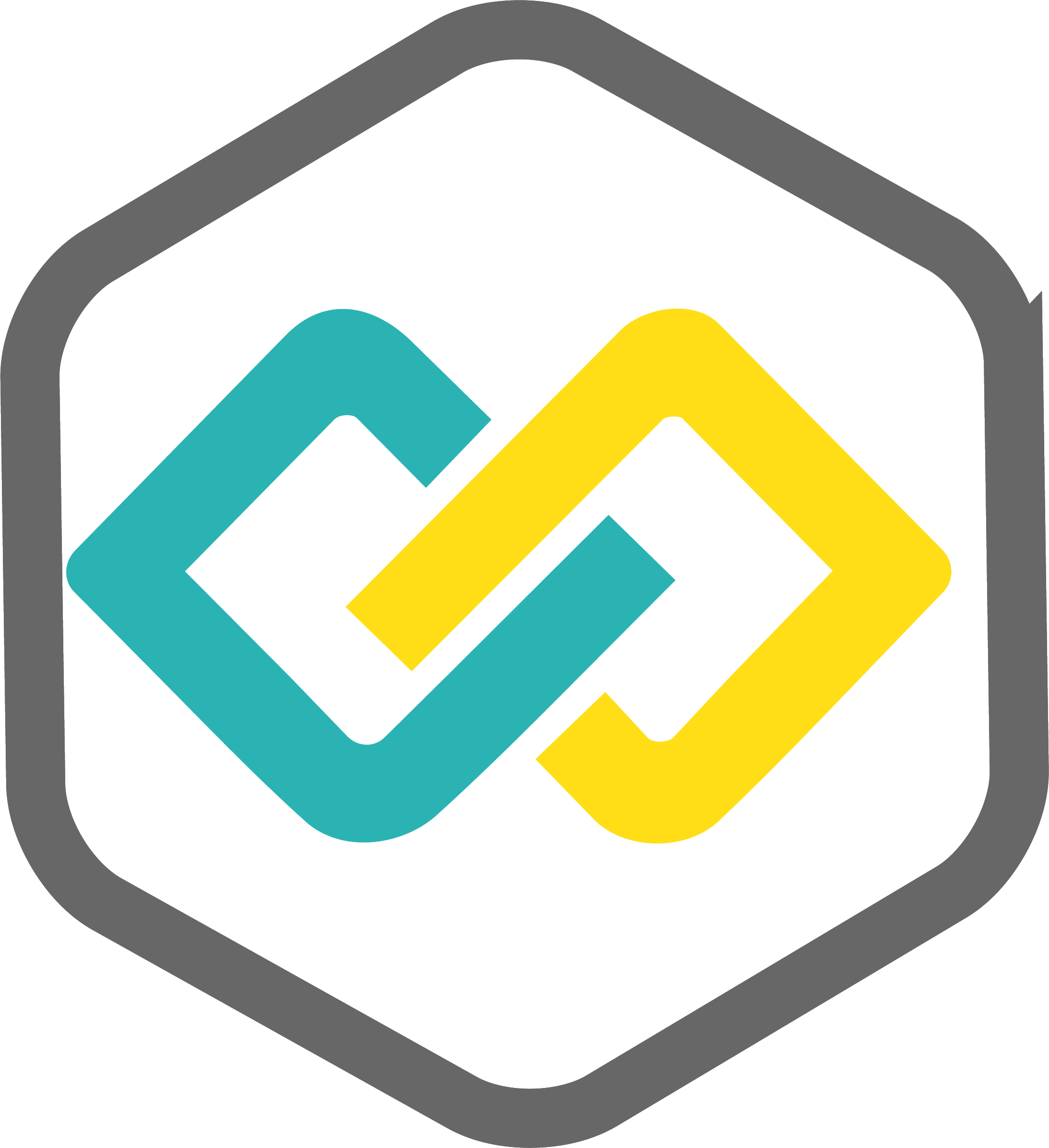 Teal and yellow links connected enclosed in a gray hexagon on. a white background