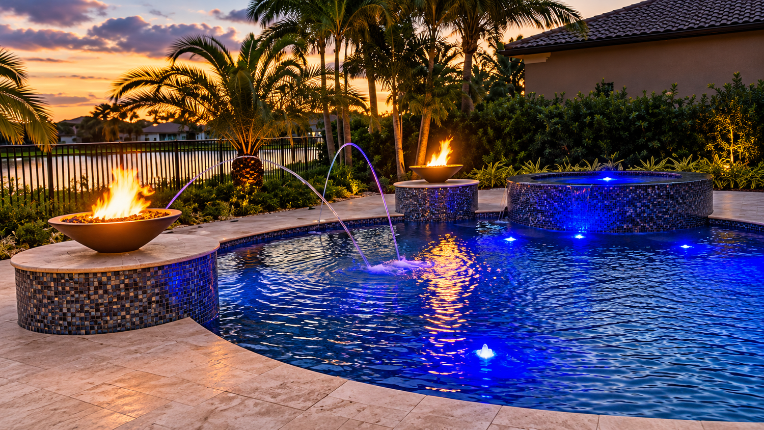 Freeform pool with fire bowls, deck jets and LED lighting at dusk