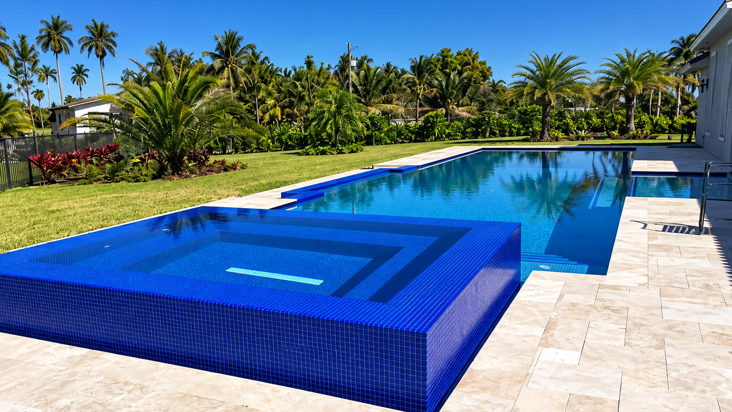 Custom pool with a blue glass-tile infinity spa, built by JM Pool Pros