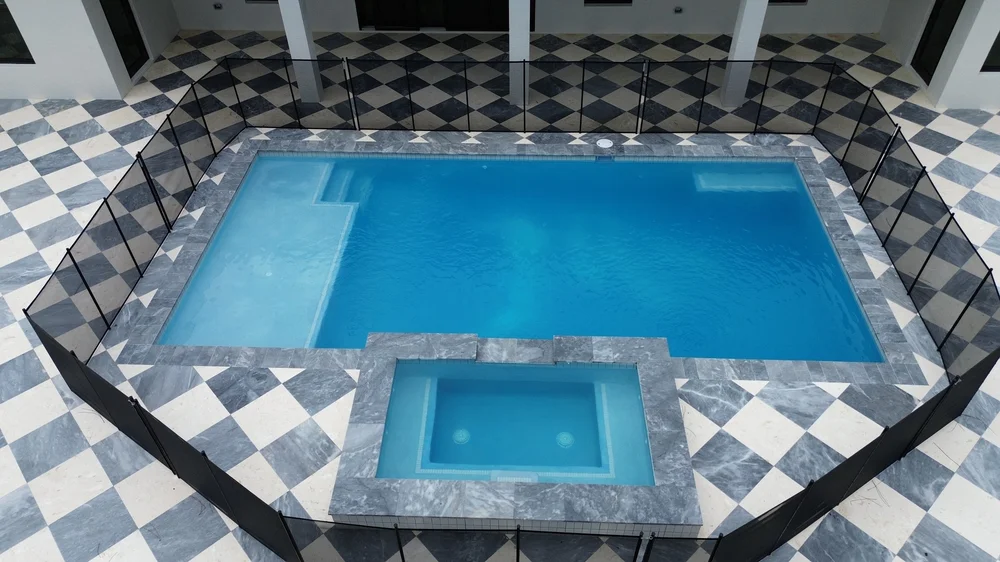Aerial view of a new pool and spa
