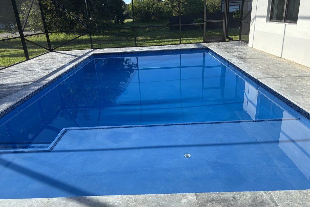 Pool with tanning ledge under a screen enclosure