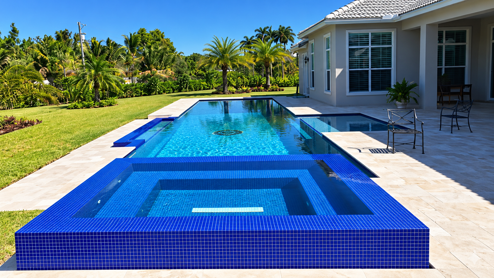 Lap pool with blue glass-tile infinity spa