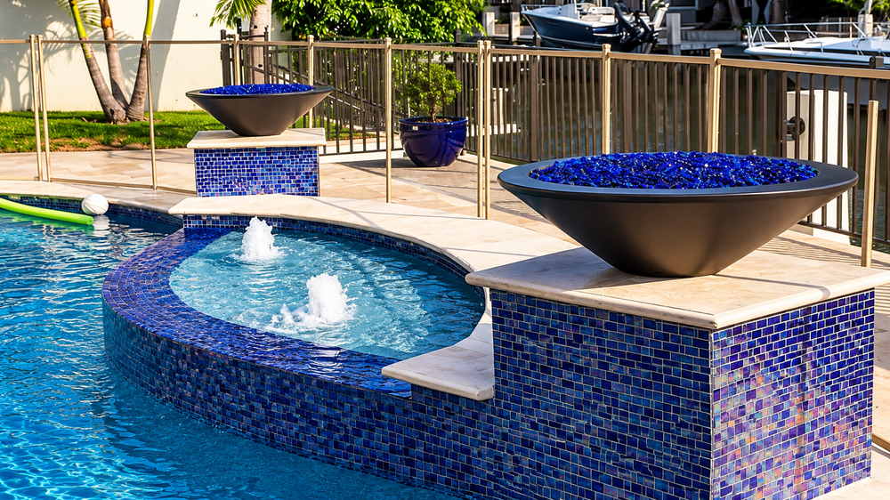 Pool with travertine deck under a screen enclosure