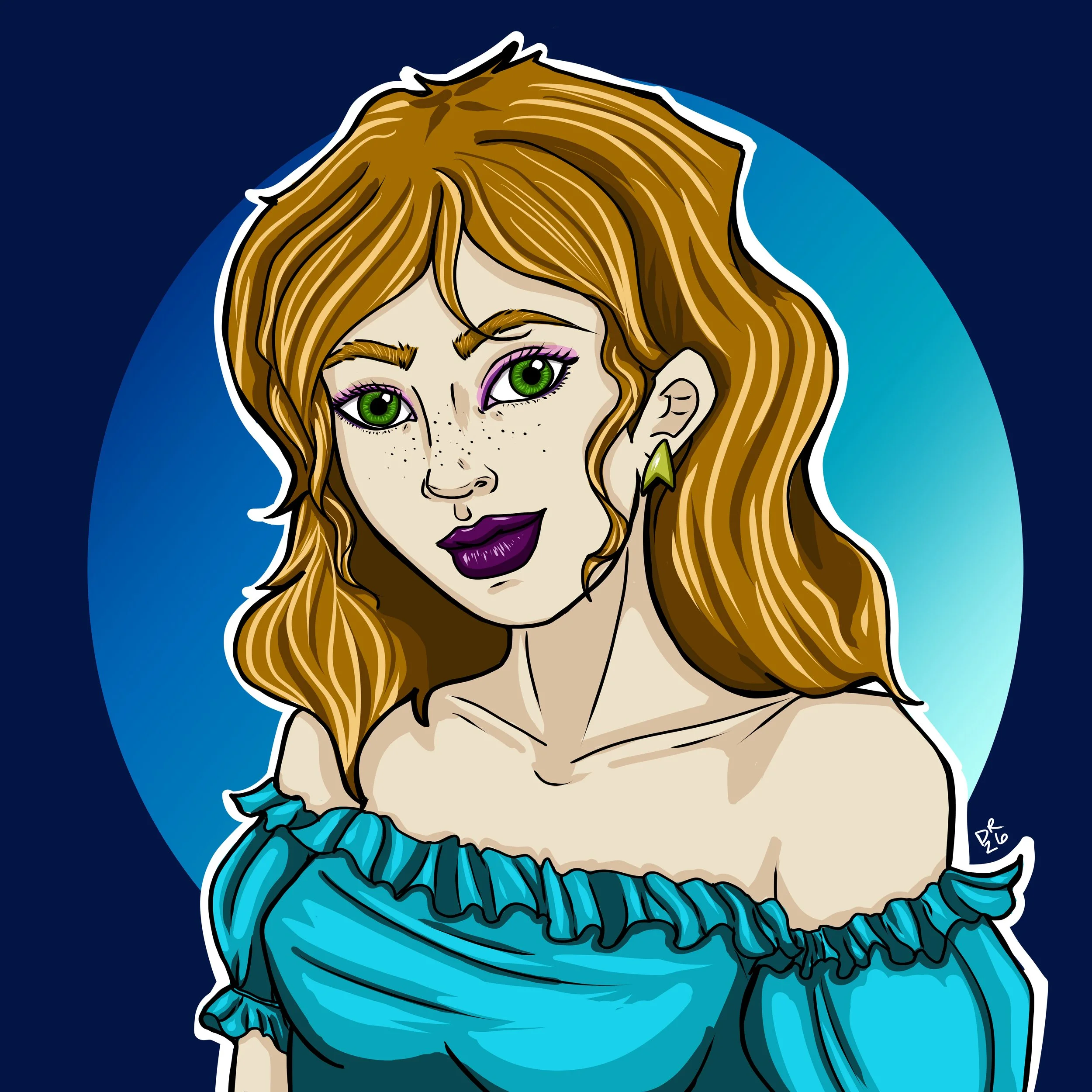 Digital bust of a woman with freckles, light golden brown hair, green eyes, and a teal peasant top. Commission for Karinea de Medici.
