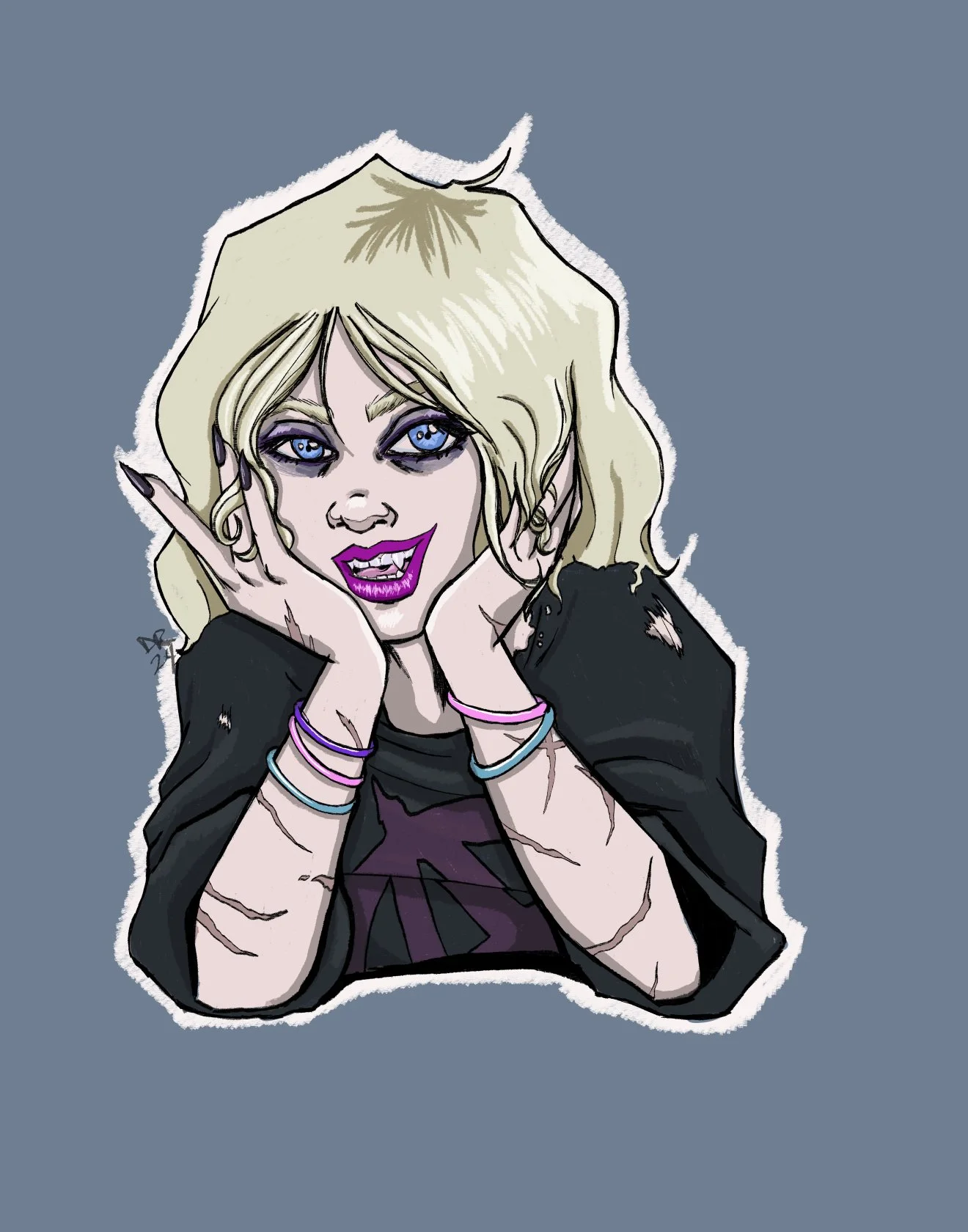Digital drawing of a cartoon vampire in 80s clothes with a grey background