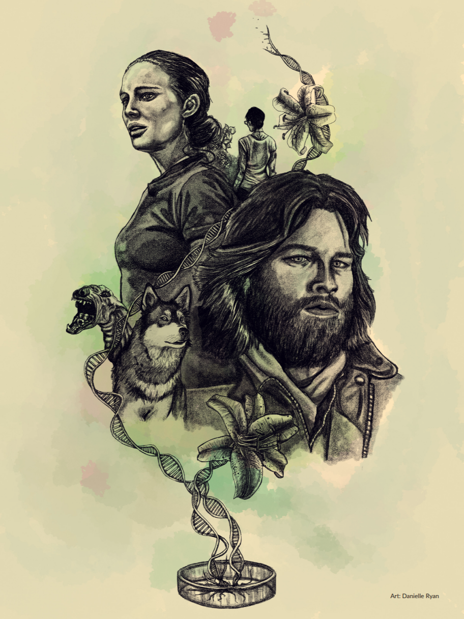 Drawing of a petri dish with DNA rising out of it and splitting into characters from The Thing and Annihilation. Page done for Grim Magazine.