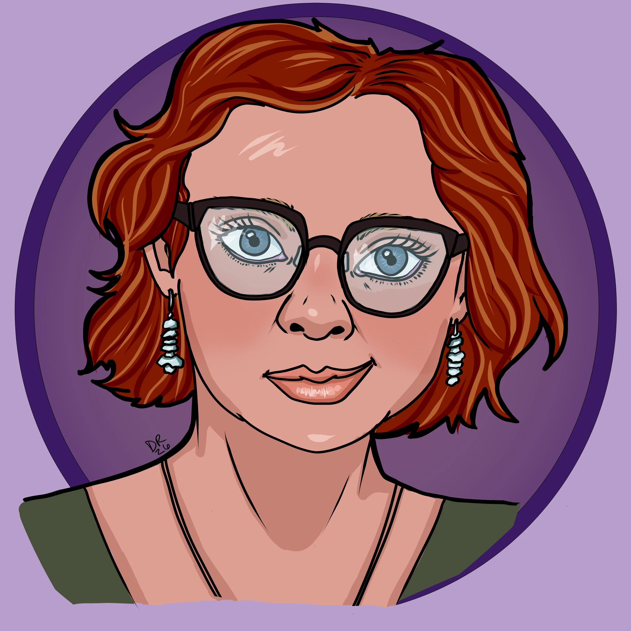 Digital headshot of a lovely rosy-cheeked woman with dark glasses, grey-blue eyes, and auburn hair. Commission for Abby Jane Morton.