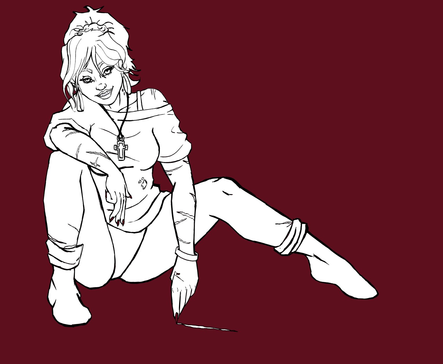 Digital drawing of a black and white outline of a vampire girl in 80s workout clothes scratching the concrete with her nail. The background is dark red.