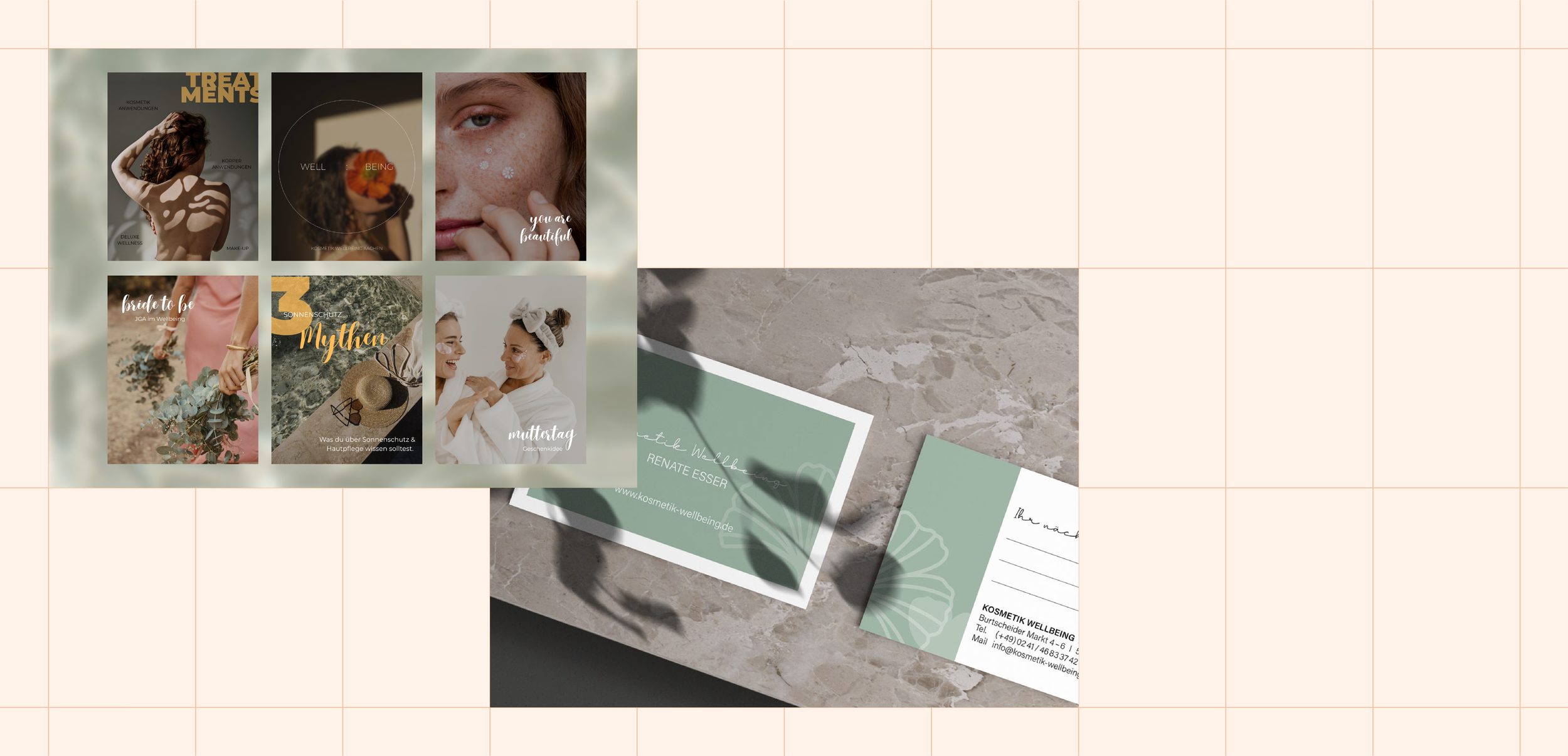 Social Media Content und Terminkarten von Studio 5ZWO für Kosmetik Wellbeing in Aachen 