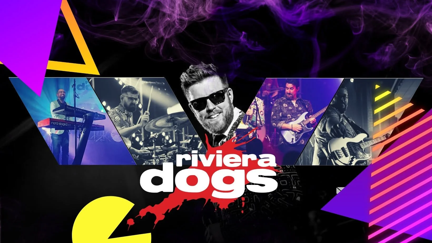 A promotional image for a band or music event called 'Riviera Dogs' featuring five band members playing instruments like keyboard, drums, and guitar, with a central man wearing sunglasses. The background has vibrant colors and geometric shapes.
