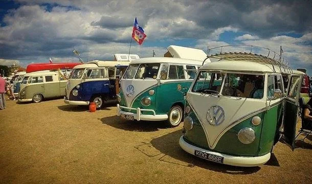 Several vintage Volkswagen Type 2 vans parked on grass under cloudy sky, including colorful models in white, blue, green, and cream, with flags and people nearby.