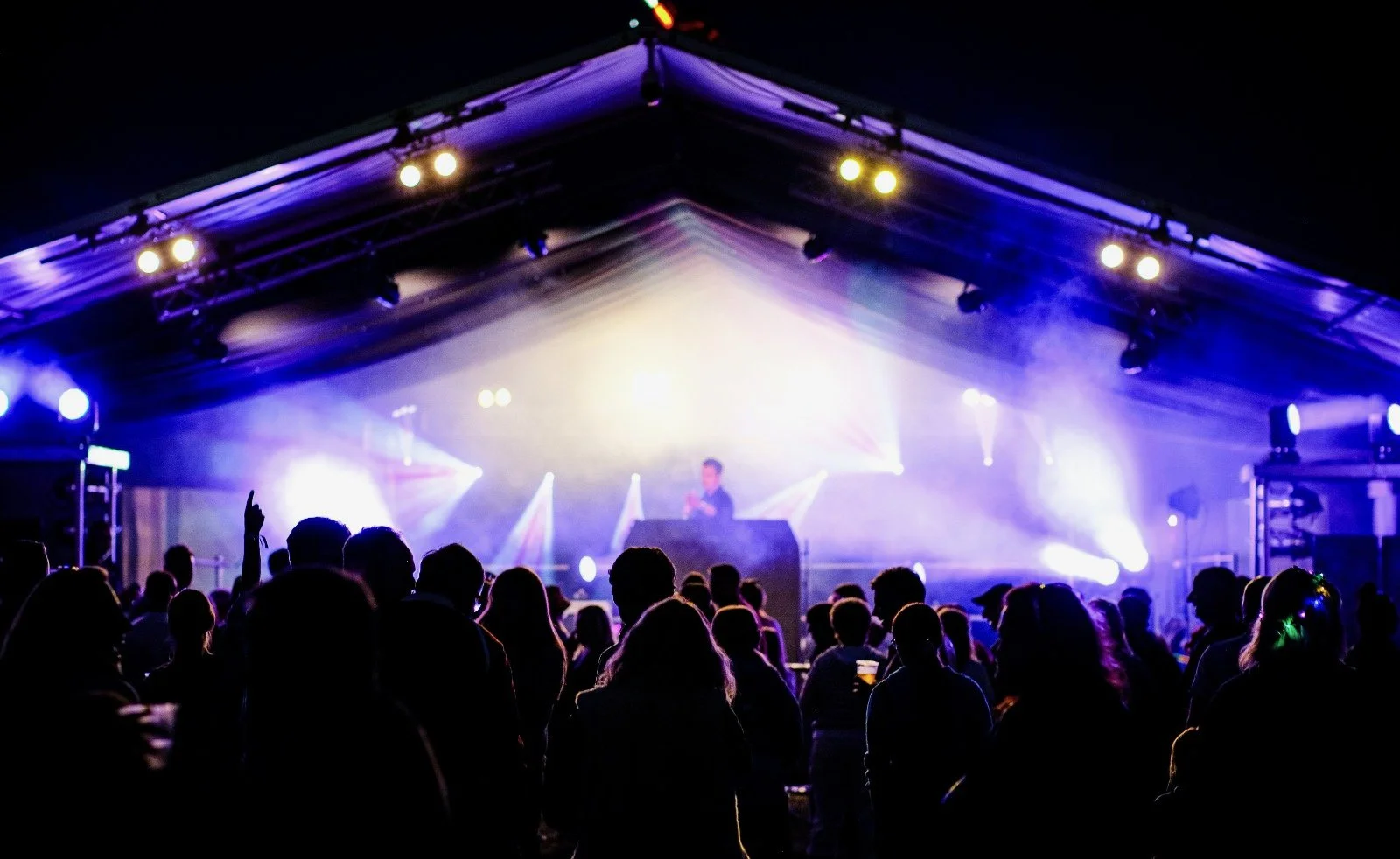 Crowd of people at a concert or music event with stage lights and fog, facing a performer on stage.