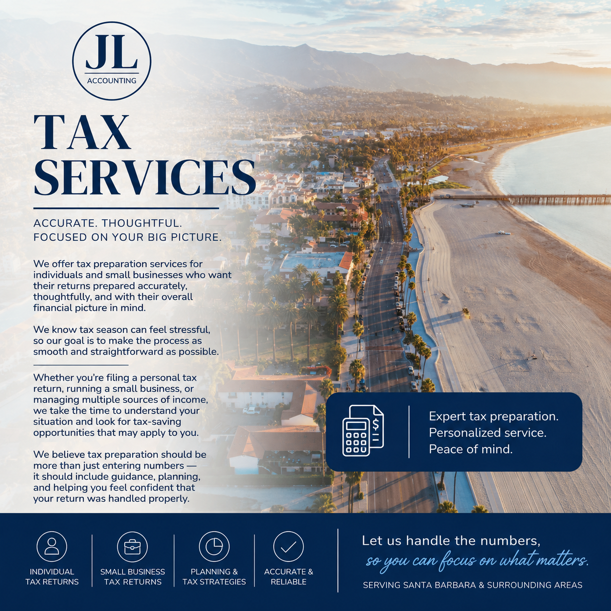 Flyer for JL Accounting's tax services, emphasizing expert, personalized tax preparation for individuals and small businesses in Santa Barbara.