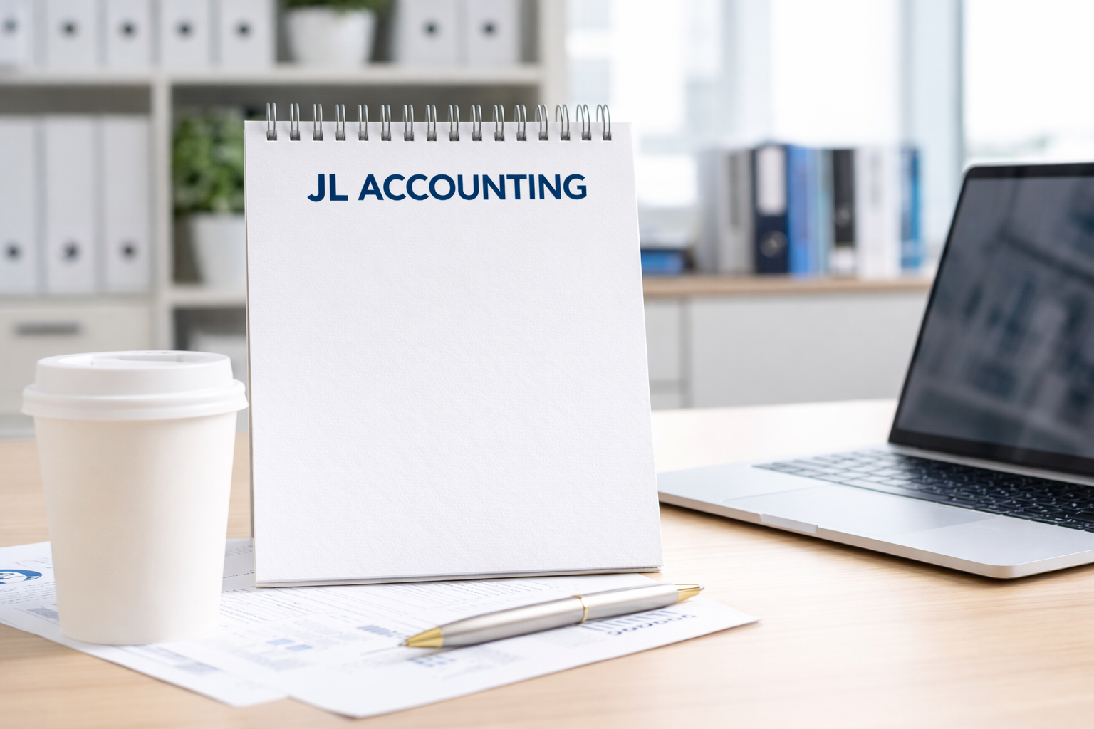 Desk with a white takeaway coffee cup, a pen, documents, a laptop, and a sign that says 'JL ACCOUNTING' in an office setting.