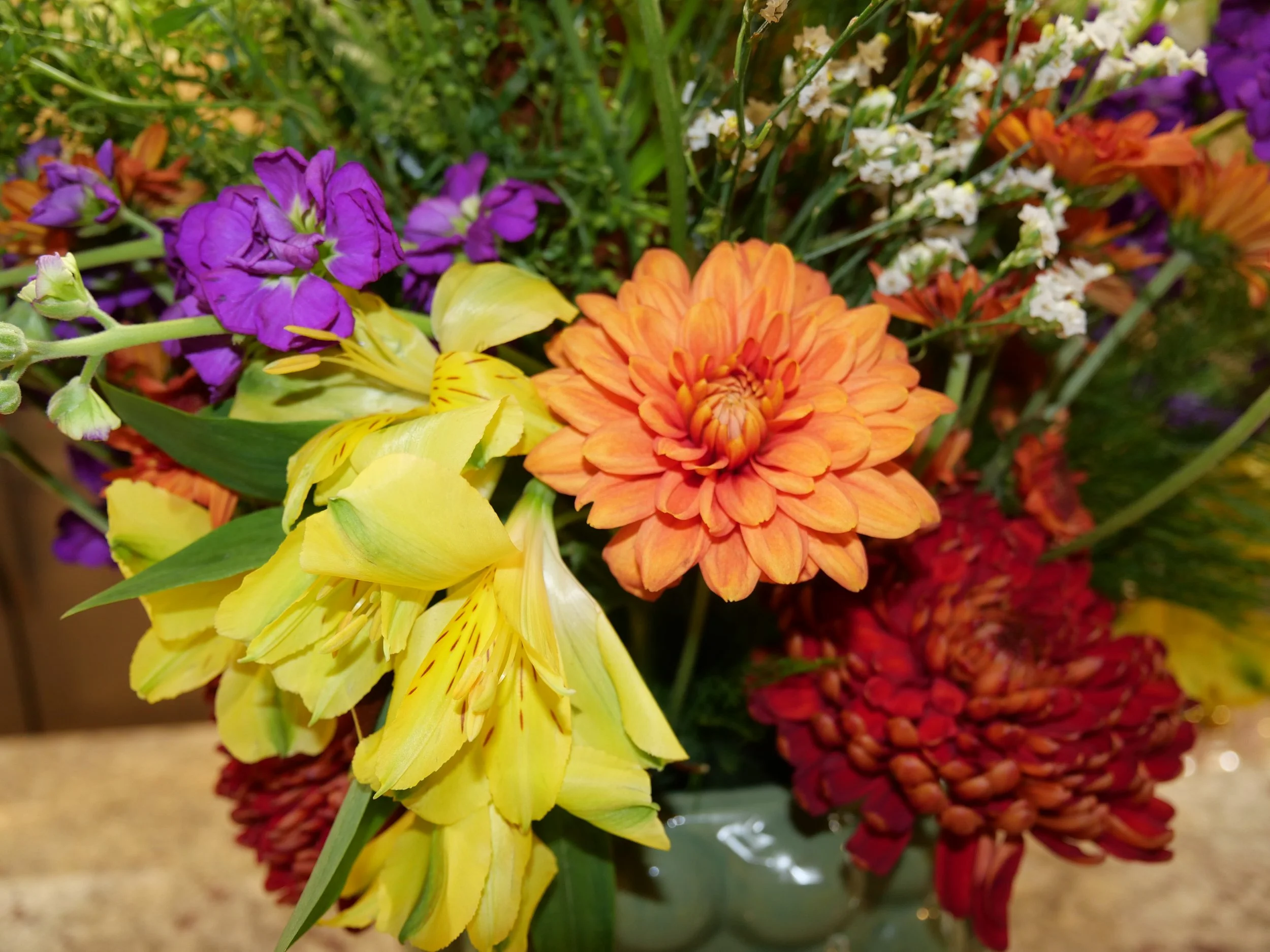 Colorful bouquet of flowers including orange, yellow, red, purple, and white blossoms.