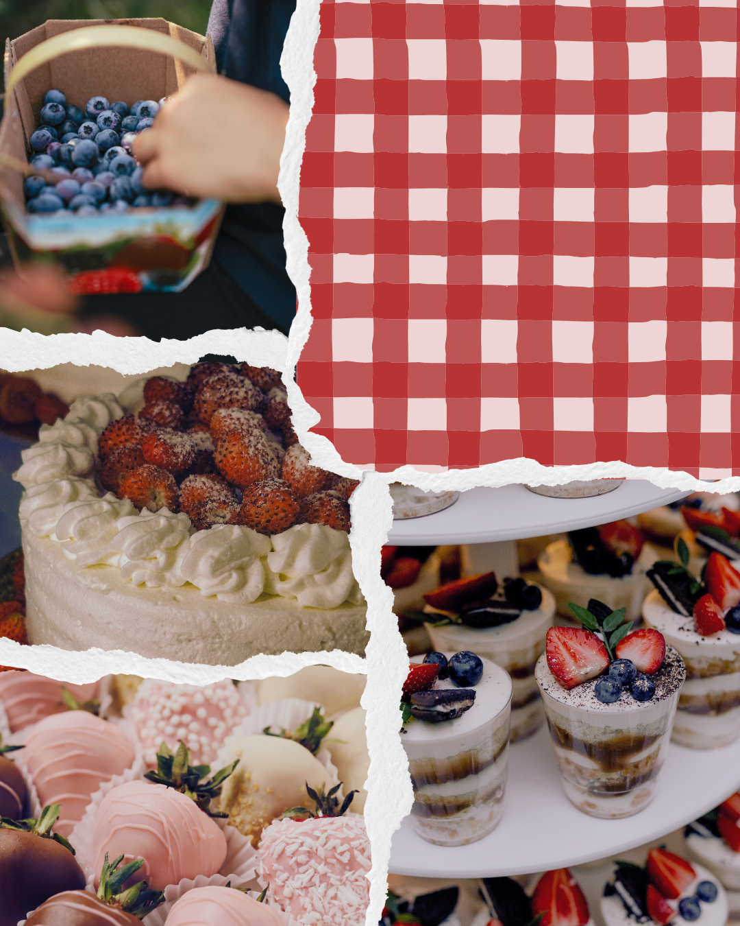 Collage representing Berry Sweet. Berry Parfait, Chocolate Covered Strawberries, Red Gingham, Berry basket, Strawberry Shortcake