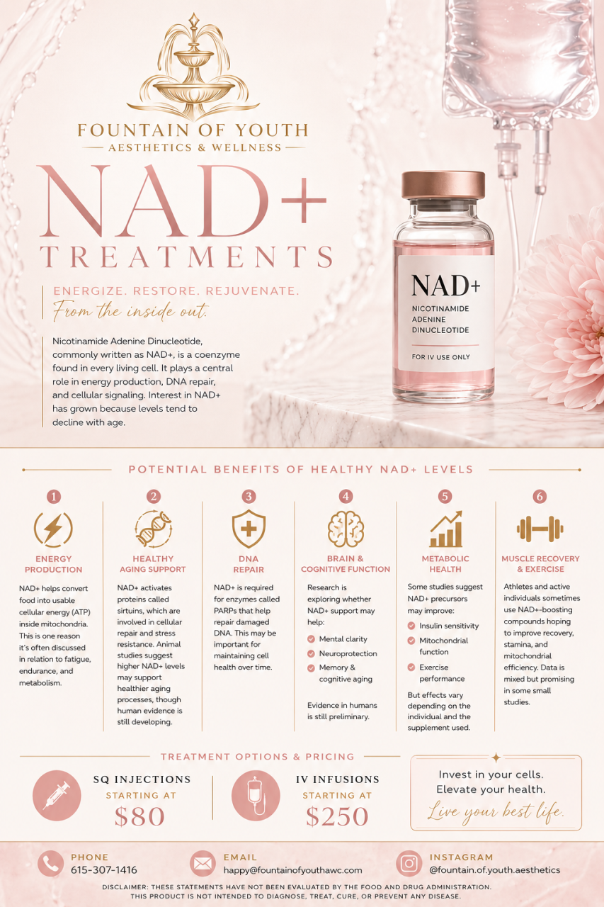 A promotional flyer for Fountain of Youth Aesthetics & Wellness highlighting NAD+ treatments. The flyer features a pink and white color scheme with an illustration of a fountain, and a vial of NAD+ supplement. It lists potential health benefits like energy production, healthy aging support, DNA repair, brain and cognitive function, metabolic health, and muscle recovery. Treatment options include injections starting at $80 and IV infusions starting at $250, with contact information and social media handles at the bottom.