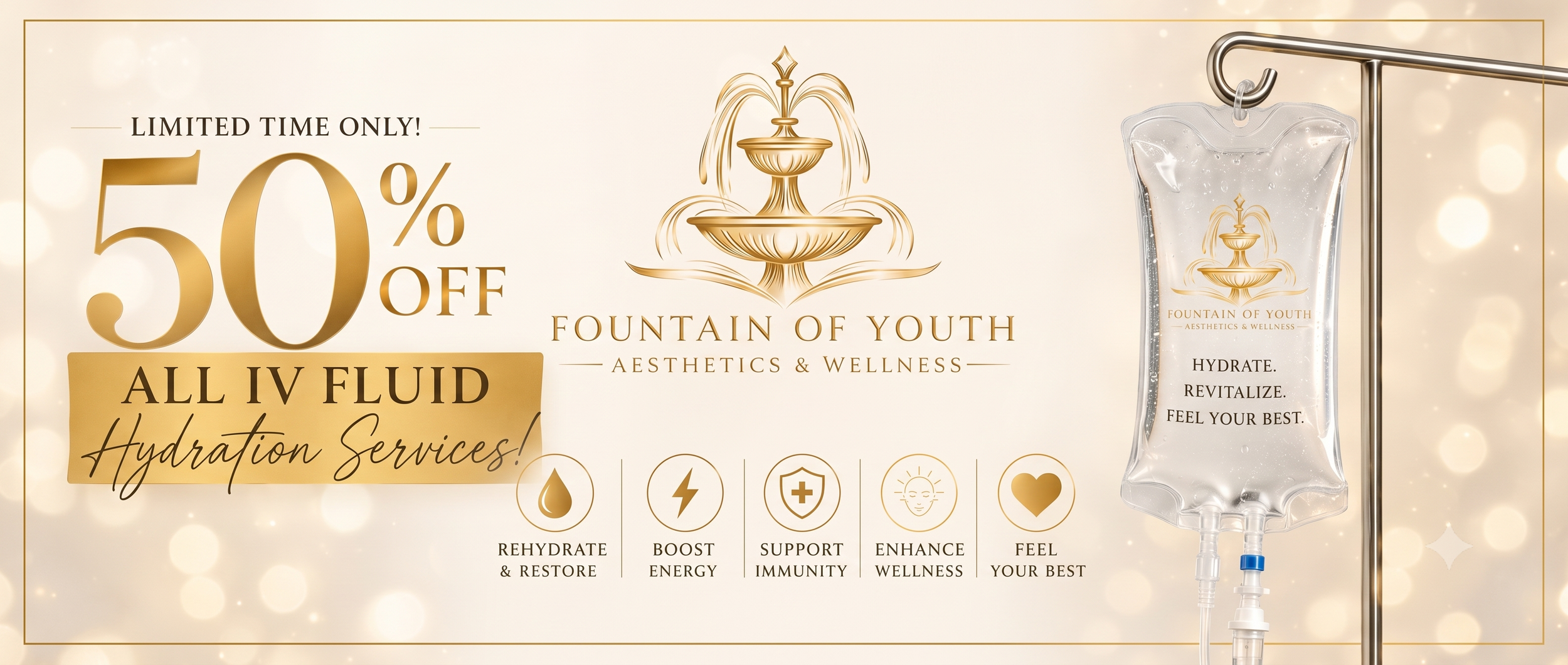 Advertisement for Fountain of Youth Aesthetics & Wellness offering 50% off all IV fluid hydration services. The ad features a golden fountain logo, a syringe with a hydration IV bag, and icons indicating hydration, energy boost, immune support, wellness enhancement, and feeling your best.