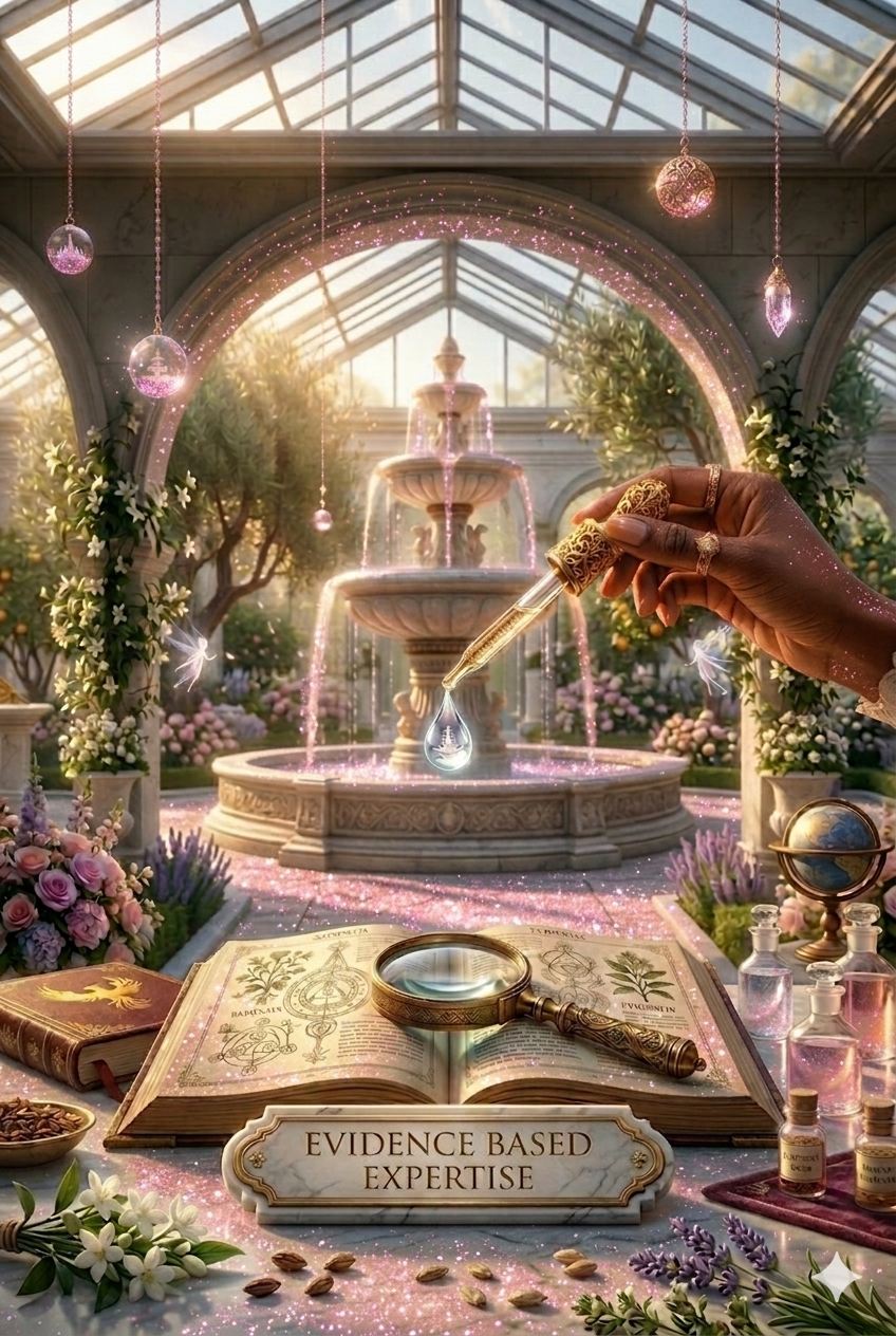 A mystical botanical laboratory with a fountain inside a glass greenhouse. A hand holds an ornate dropper releasing a glowing droplet above an open book labeled 'Evidence Based Expertise'. The scene is decorated with flowers, globes, and shimmering pink and purple lights.