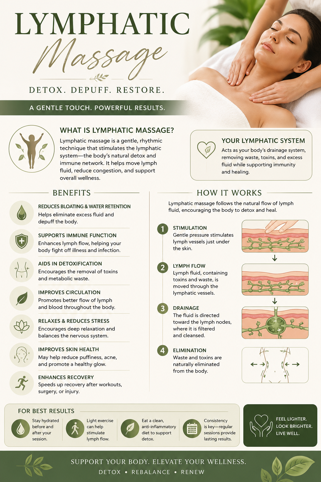 Infographic about lymphatic massage explaining its benefits, how it works, and tips for best results, featuring a woman receiving a massage.