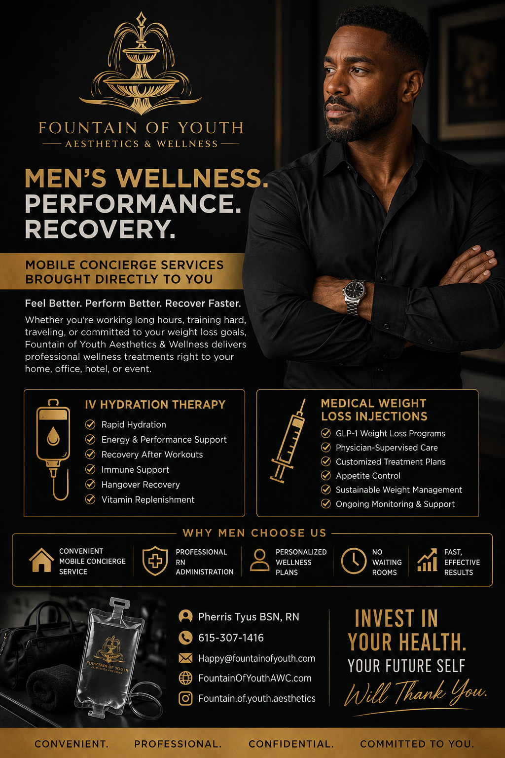 A man wearing a black shirt with crossed arms, standing next to a presentation board for Fountain of Youth Aesthetics & Wellness, promoting men's wellness services such as IV hydration therapy and medical weight loss injections.