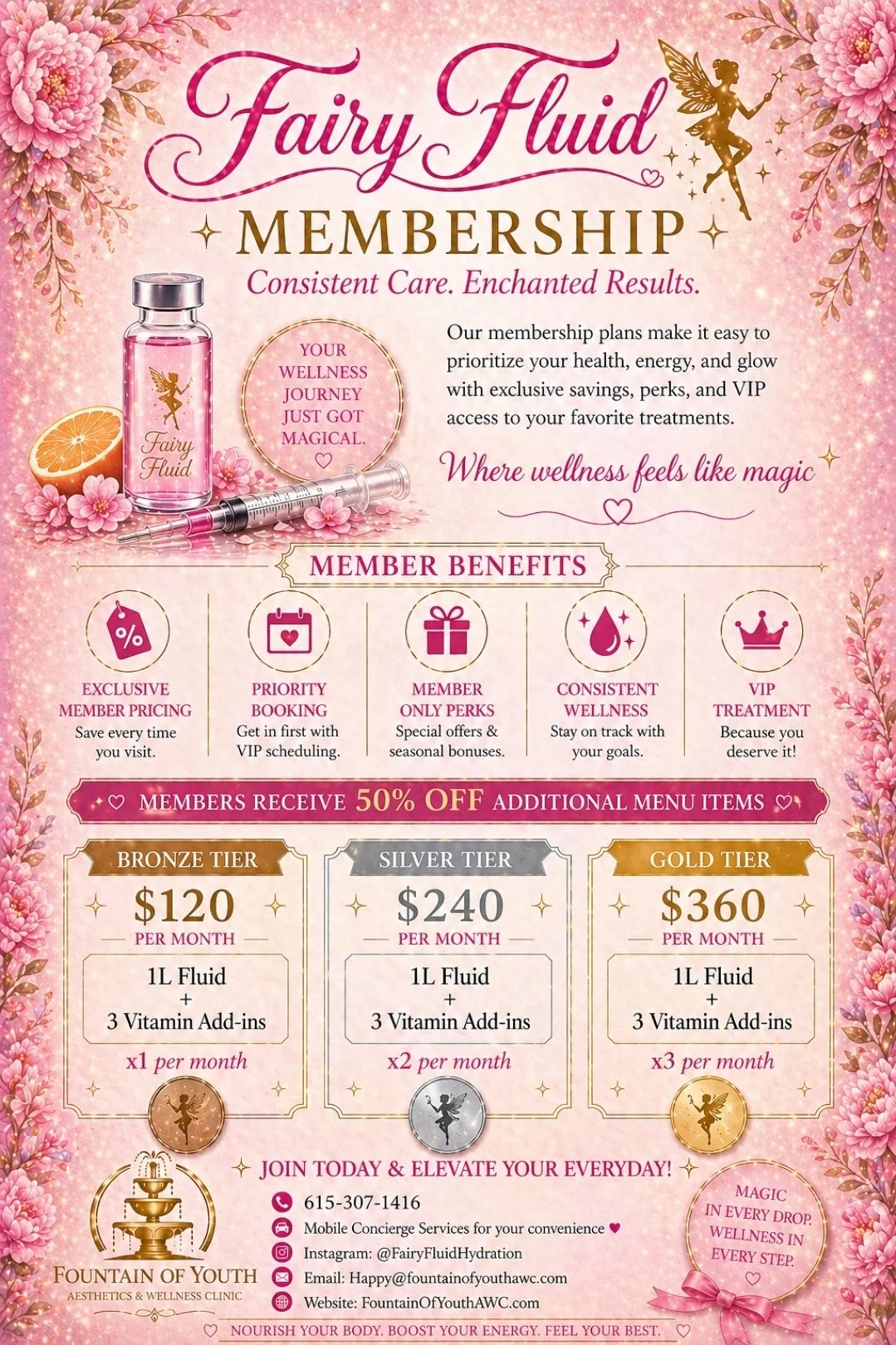 Pink promotional flyer for Fairy Fluid membership with flowers, fairy illustration, skincare product image, orange slice, and membership tiers with pricing and benefits.