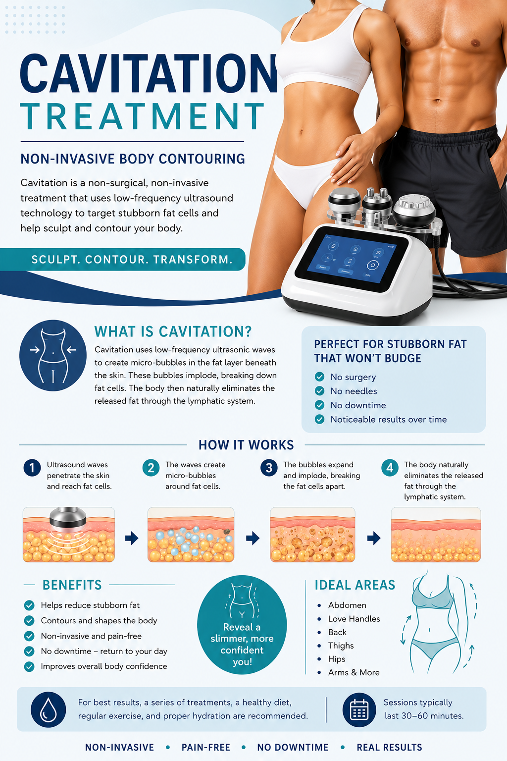 Infographic explaining cavitation treatment with an image of a woman and a man in athletic wear, a cavitation device, and diagrams illustrating the process.