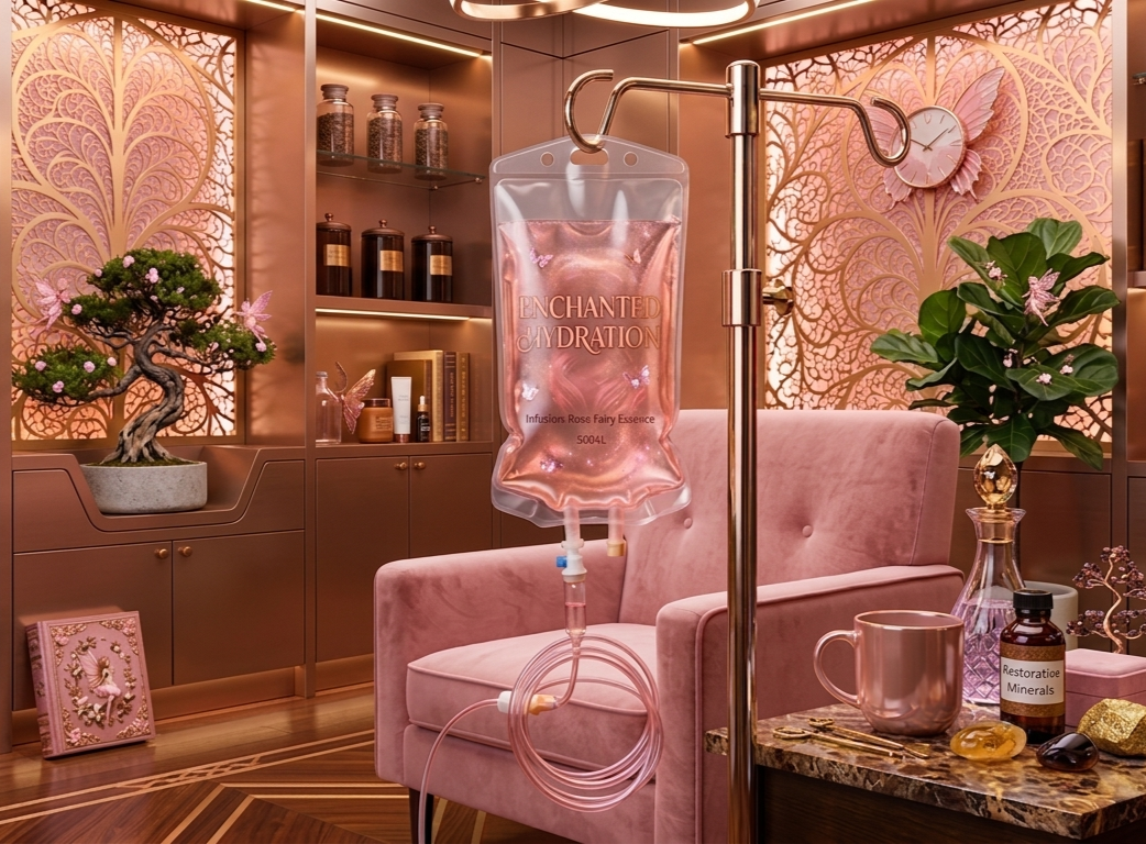 A pink IV drip bag labeled "Enchanted Hydration" hanging in a room with pink and gold decor, a pink velvet sofa, a marble table with a pink mug, bottles, and decorative gemstones, and pink floral patterns on the walls.