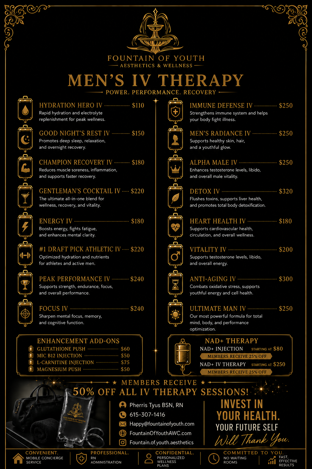 A price list for men's IV therapy treatments at Fountain of Youth Aesthetics & Wellness. The list includes various IV therapy options with prices, descriptions, enhancement add-ons, and NAD+ therapy details. The design features gold and black colors, ornate borders, and icons representing each treatment.