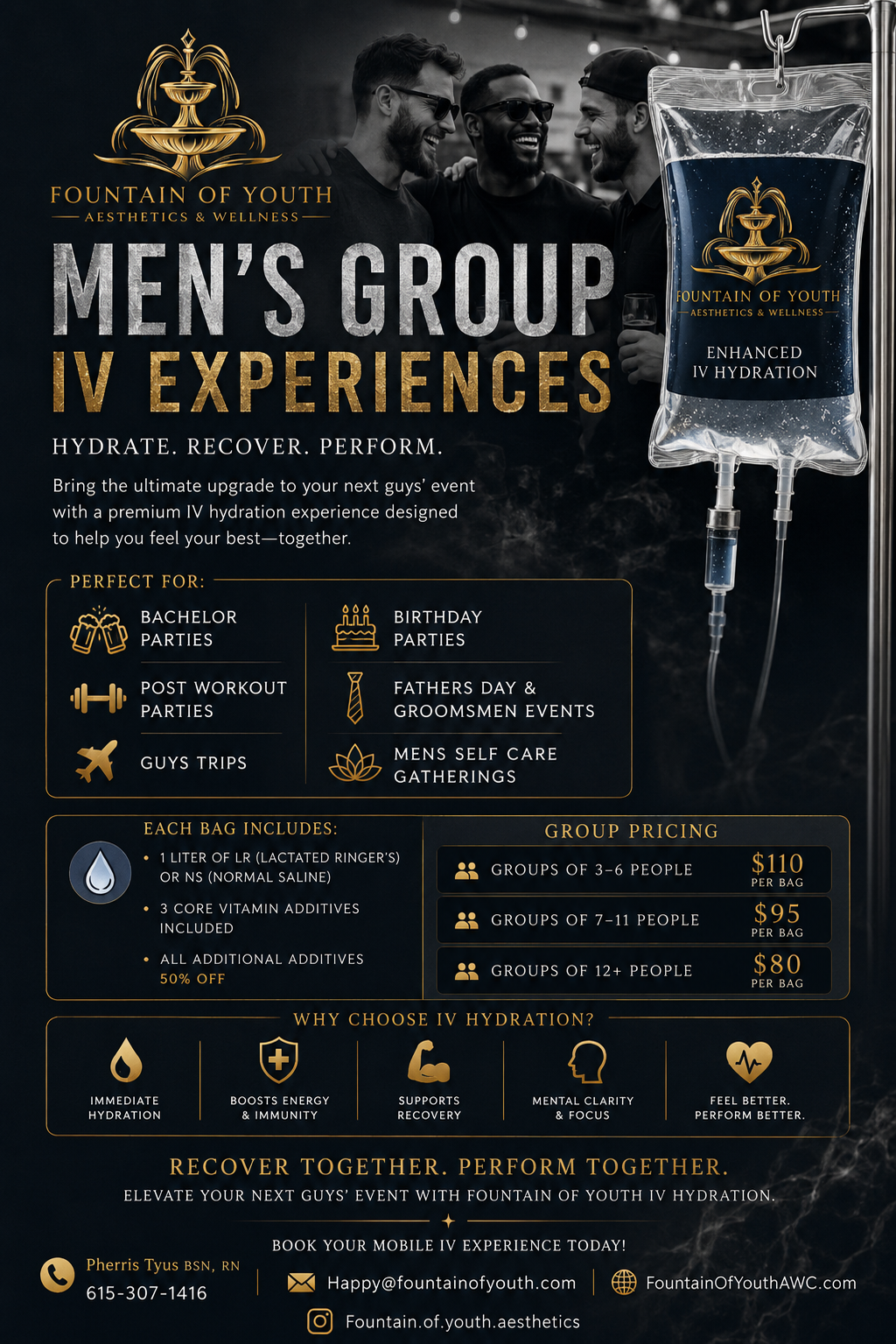 An advertisement for Fountain of Youth Aesthetics & Wellness promotes men's IV hydration experiences, featuring a group of men smiling and holding drinks at an outdoor event, with an IV bag of hydration solution shown on the right side.